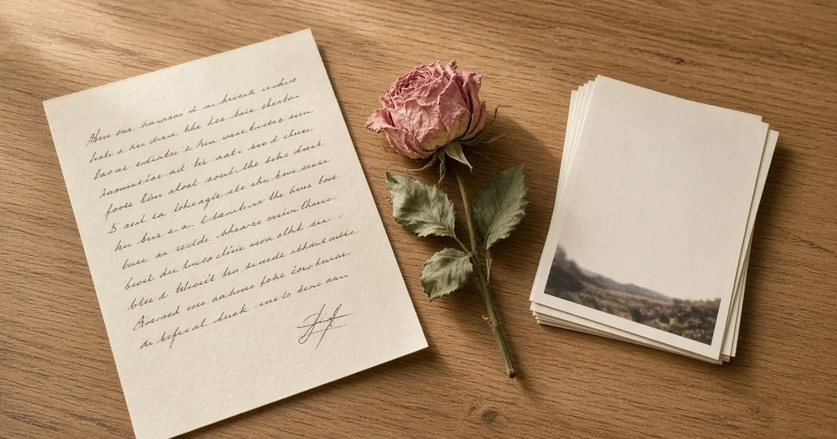 An open handwritten letter, a dried rose and a small stack of printed photos on a wooden table