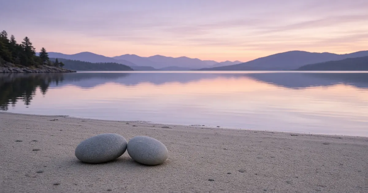 A calm lake at dusk with two smooth stones resting side by side on the shore
