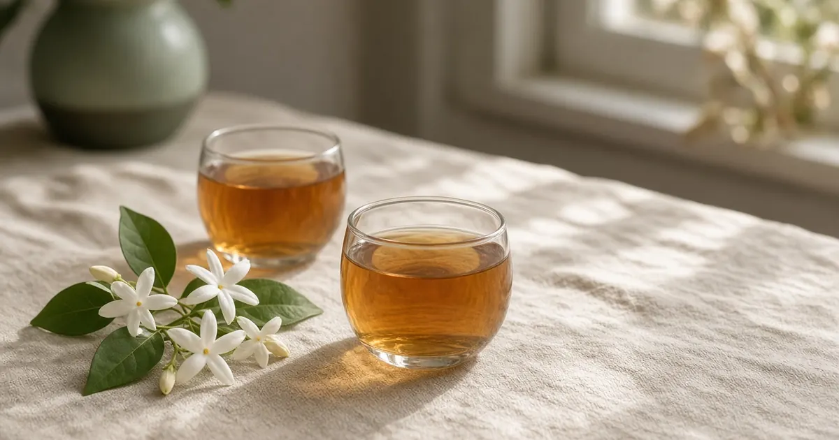 Two glasses of tea on a linen tablecloth beside a sprig of white jasmine in soft morning light